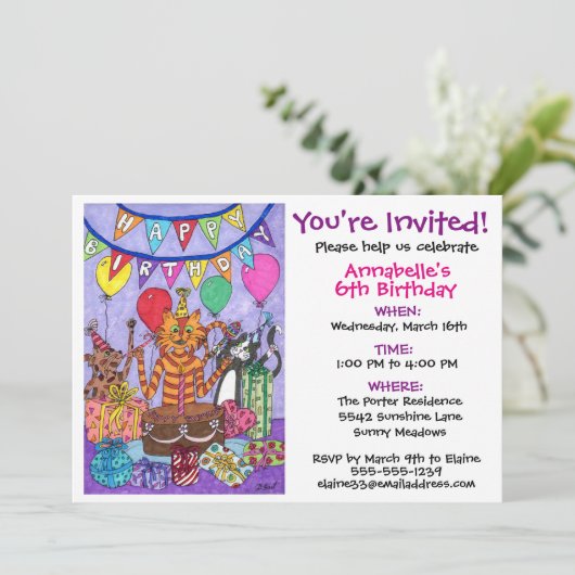 Kleurrijke katten verjaardagsfeestje kaart (Staand voorkant)