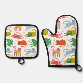 Kleurrijke Kattenpatroon Ovenwant & Pannenlap Set