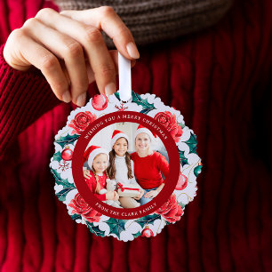 Kleurrijke kerst botanische bloemen foto-rood ornament kaart