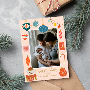 Kleurrijke Kerst Ornamente Cute Familie Foto Feestdagenkaart