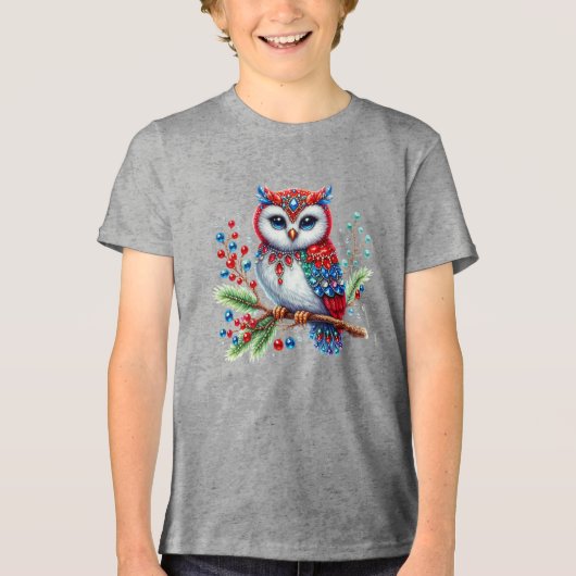 Kleurrijke Kerst Uil Jongens T-shirt (Voorkant)