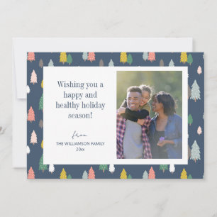 Kleurrijke kerstbomen Blauwe Aangepaste foto Feestdagenkaart