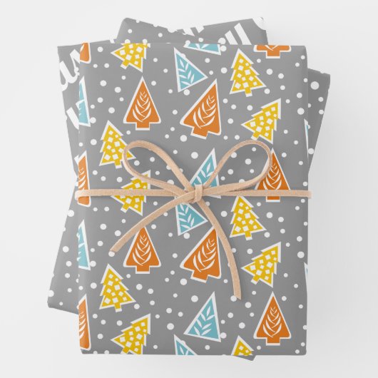 Kleurrijke kerstbomen, "prettige kerst", sneeuw inpakpapier vel (In situ)