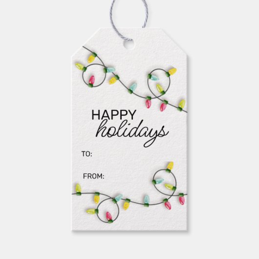 Kleurrijke kerstboomtekenlampjes cadeaulabel (Voorkant)