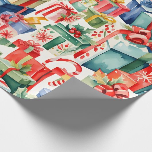 Kleurrijke kerstcadeaus Waterverf Patroon Cadeaupapier (Hoek)