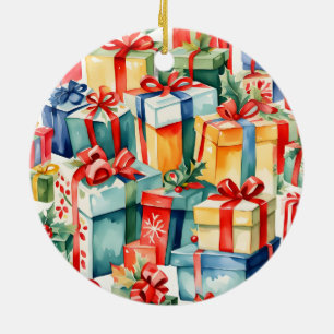 Kleurrijke kerstcadeaus Waterverf Patroon Keramisch Ornament