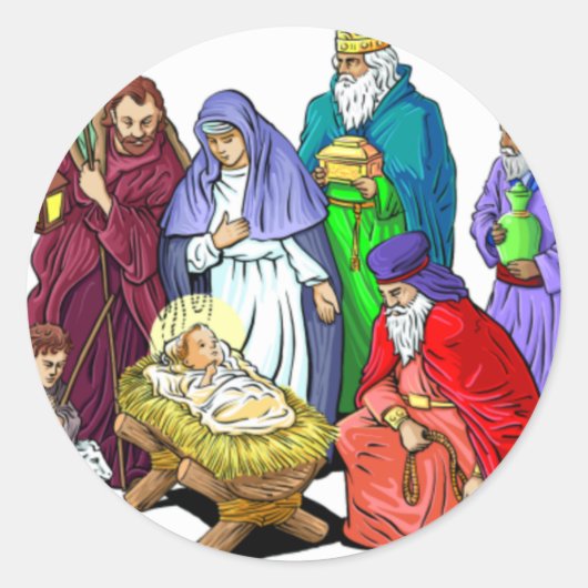 Kleurrijke kerstfeestscène ronde sticker (Voorkant)