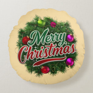 Kleurrijke kerstkrans met vrolijke groet rond kussen