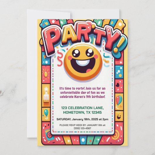 Kleurrijke Kids Verjaardagsfeestuitnodiging Kaart (Voorkant)