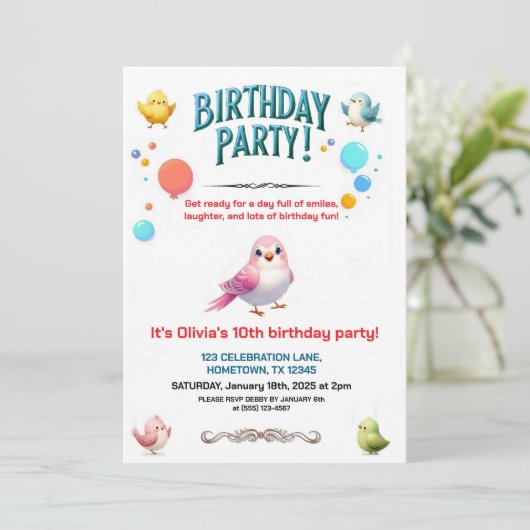 Kleurrijke Kinder Feathered Friends Verjaardagsfee Kaart (Staand voorkant)