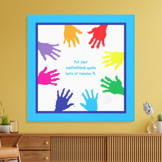 Kleurrijke kinder handafdrukken met blauwe randen canvas afdruk (Insitu (Woonkamer))