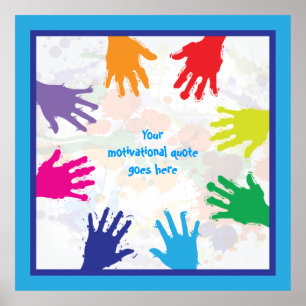 Kleurrijke kinder handafdrukken met blauwe randen poster