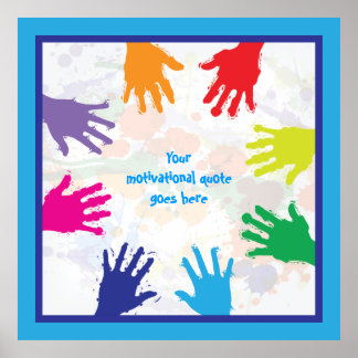 Kleurrijke kinder handafdrukken met blauwe randen poster
