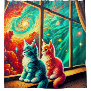 Kleurrijke Kittens Stralend Kosmisch Venster Scène Douchegordijn