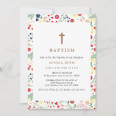 Kleurrijke Kleine Wildflower Lijst Cross Doop Kaart (Voorkant)