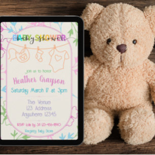Kleurrijke kleren met bloemen baby shower kaart