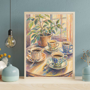 Kleurrijke koffiekopjes Stilleven Kunstprint, Cozy Poster