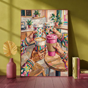Kleurrijke Koffiezaak Cheers Vrienden Handen Vasth Poster