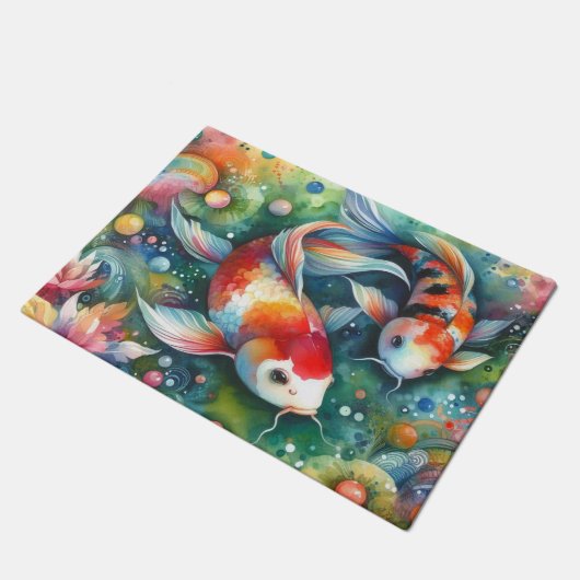 Kleurrijke Koi Fish Whimsical Waterverf Sinaasappe Deurmat (Schuin)