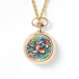 Kleurrijke Koi Fish Whimsical Waterverf Sinaasappe Horloge