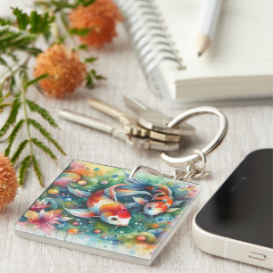 Kleurrijke Koi Fish Whimsical Waterverf Sinaasappe Sleutelhanger