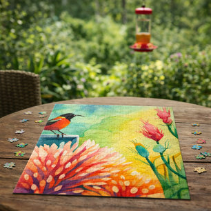 Kleurrijke Kolibrie Bloemrijke Waterverf Tuin Legpuzzel