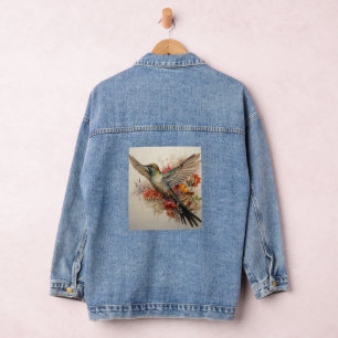 Kleurrijke kolibrie rode bloemen denim jacket