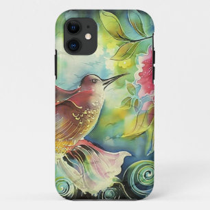 Kleurrijke kolibrie Zijderzijde Kunstschilder schi iPhone 11 Hoesje