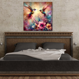 Kleurrijke kolibries in bloementuin Waterverf Poster