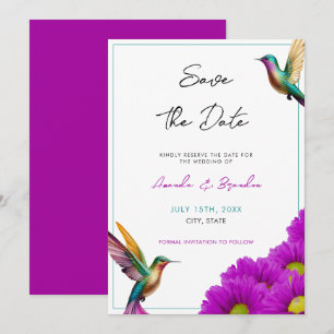 Kleurrijke Kolibries Paarse Margrieten Bruiloft Save The Date
