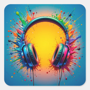 🎧 Kleurrijke Koptelefoons Kleurspatten Pop Art Vierkante Sticker