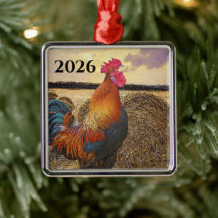 Kleurrijke Kreiende Haan en Hooibalen Metalen Ornament
