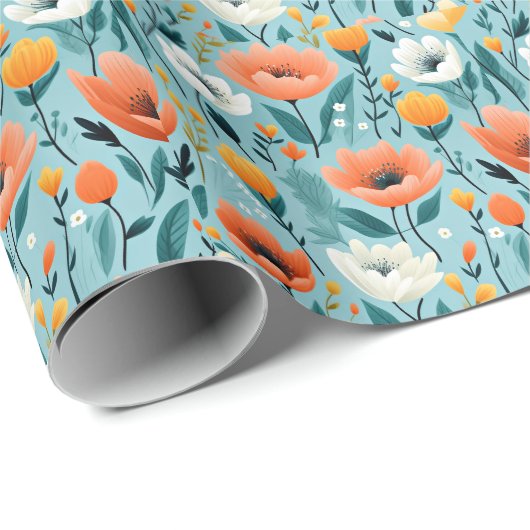 Kleurrijke kunst bloemen-aqua, wit, perzik, geel, cadeaupapier (Rol Hoek)