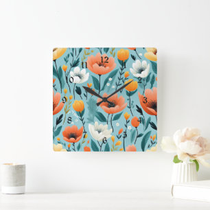Kleurrijke kunst bloemen-aqua, wit, perzik, geel, vierkante klok
