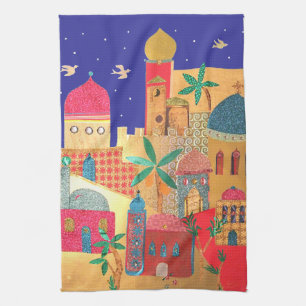 Kleurrijke Kunst van de Stad Jeruzalem Theedoek