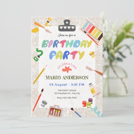 Kleurrijke kunst verf hulpmiddelen verjaardag kaart (Staand voorkant)