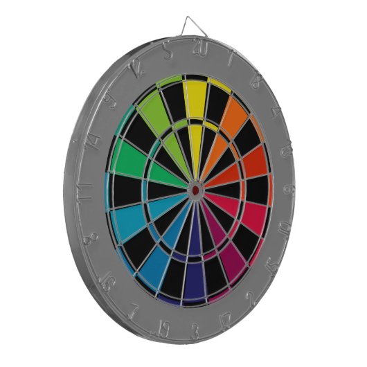 Kleurrijke kunstbordregenboog met zwarte grijs dartbord (Voorkant Links)