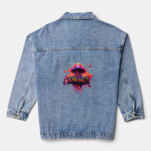 Kleurrijke kwal illustratie met kus me tekst denim jacket