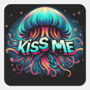 Kleurrijke kwal illustratie met kus me tekst vierkante sticker