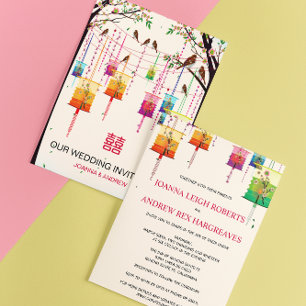 Kleurrijke Lantaarns Cherry Tree Birds Spring Wedd Kaart