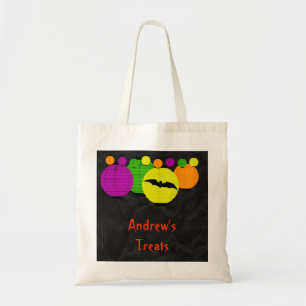 Kleurrijke lantaarns en Zwarte Vleermuis Halloween Tote Bag