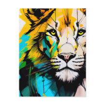 Kleurrijke Leeuw blauw en geel piercing ogen 5x7"