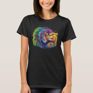 kleurrijke leeuw omhelst leeuwin in liefdessplash t-shirt