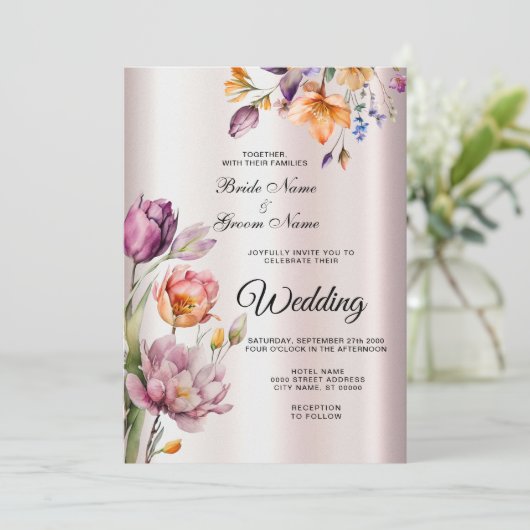 Kleurrijke lente bloemen bruiloft uitnodiging (Staand voorkant)