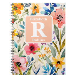 Kleurrijke lente bloemen gepersonaliseerd Monogram Notitieboek