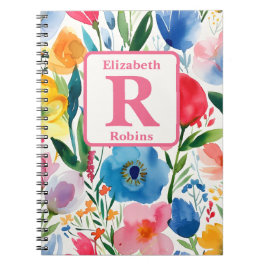 Kleurrijke lente bloemen gepersonaliseerd monogram notitieboek