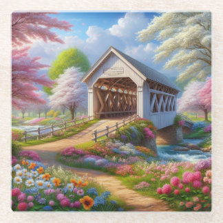 Kleurrijke lente / bloemen overdekte brug en rivie glazen onderzetter