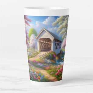Kleurrijke lente / bloemen overdekte brug en rivie latte mok