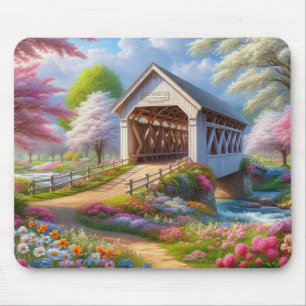 Kleurrijke lente / bloemen overdekte brug en rivie muismat