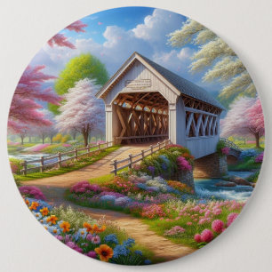 Kleurrijke lente / bloemen overdekte brug en rivie ronde button 6,0 cm